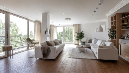 Fototapeta premium Elegant White Apartment Interior in Wide-Angle View 3D Rendering
