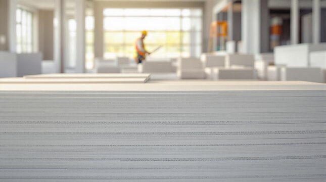 Construction site with stacked drywall sheets in foreground highlighting worker in background