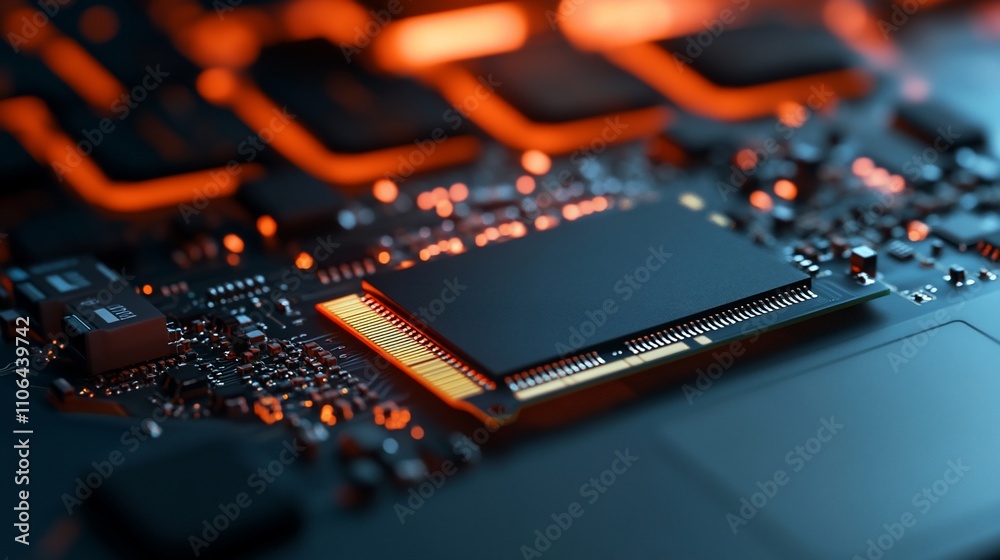 Poster Close-up of a circuit board with a central processor illuminated with orange light.