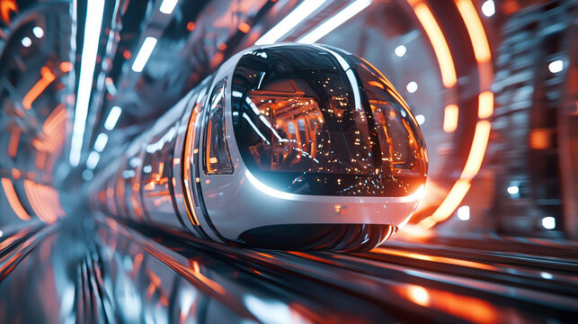 Futuristic high-speed train in hyperloop tunnel urban city digital render night scene ai generate technology concept
