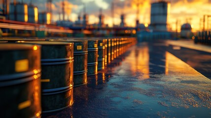 Sunset at the Oil Refinery: Rows of Barrels Reflecting the Golden Hour