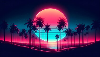Naklejka premium Retrowave Beach Scene with Giant Pink Sun Setting Over Turquoise Ocean and Silhouetted Palm Trees 