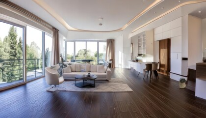 Fototapeta premium Elegant White Apartment Interior in Wide-Angle View 3D Rendering