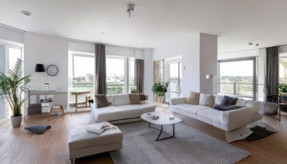 Fototapeta premium Elegant White Apartment Interior in Wide-Angle View 3D Rendering