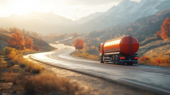 Autumnal Tanker Truck Journey Through Majestic Mountains
