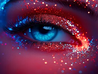 Abstract close up of a woman’s glitter covered eyelid with vivid pink and blue hues emphasizing shimmering textures and luminous artistic elegance