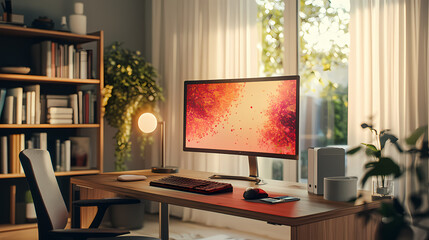 A minimalistic and modern home office setup, featuring a sleek wooden desk, a comfortable ergonomic chair, a large monitor on the desk, soft ambient lighting, a bookshelf in the background, and a larg