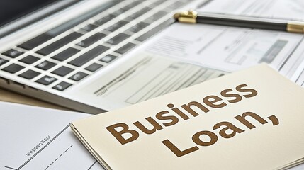Close-up of a business loan document beside a laptop, highlighting financial planning and entrepreneurship.