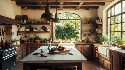 A rustic farmhouse kitchen with exposed wooden beams, a large kitchen island with marble countertop, open shelves with ceramic dishes, pendant lights hanging from the ceiling, and a window overlooking