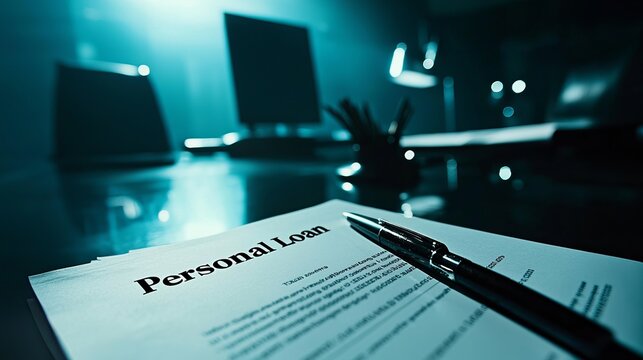 Close-up of a personal loan document and a pen in a dimly lit office setting, evoking a serious mood.