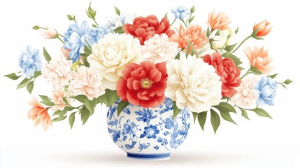 Obraz premium Intricate Blue and White Porcelain Vase Filled With Vibrant Flowers in a Serene Setting