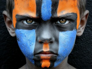 Intense portrait of a young boy with dramatic blue and orange face paint in a tribal design against a dark background evoking strength focus and cultural symbolism