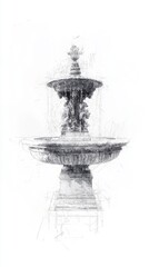 Elegant Sketch of Classical Fountain Representing Abundance and Prosperity in Governance on Aged Paper - Black and White Artwork