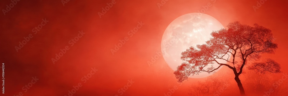 Poster mystical evening with a red moon glowing behind dark silhouettes of trees