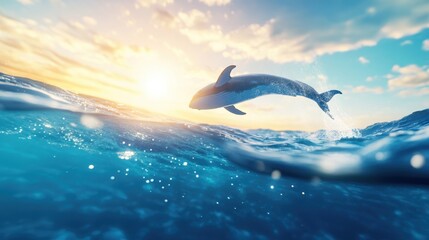 Whale Leaps Gracefully Under the Radiant Sun Against a Vibrant Blue Sky and Rolling Waves