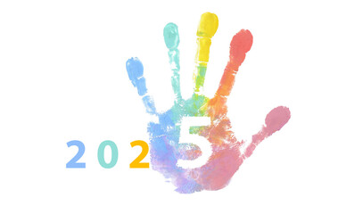 2025 logo with rainbow handprint for New Year card and positive calendar