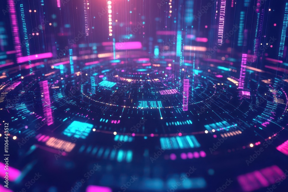 Poster abstract matrix of colorful data streams, swirling around in 3d space, wide shot, soft ambient light