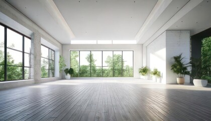 Obraz premium Modern White Loft with Wide-Angle View 3D Interior Rendering