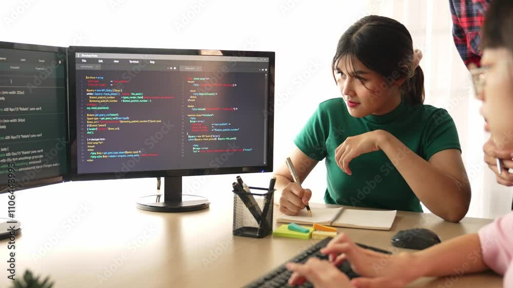 Aufkleber slow motion back end software developer engineer for computer programming working together on debugg