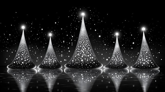 Elegant monochrome Christmas tree display with glowing lights and sparkling reflections on a glossy black backdrop, embodying luxury and modernity for sophisticated holiday themes