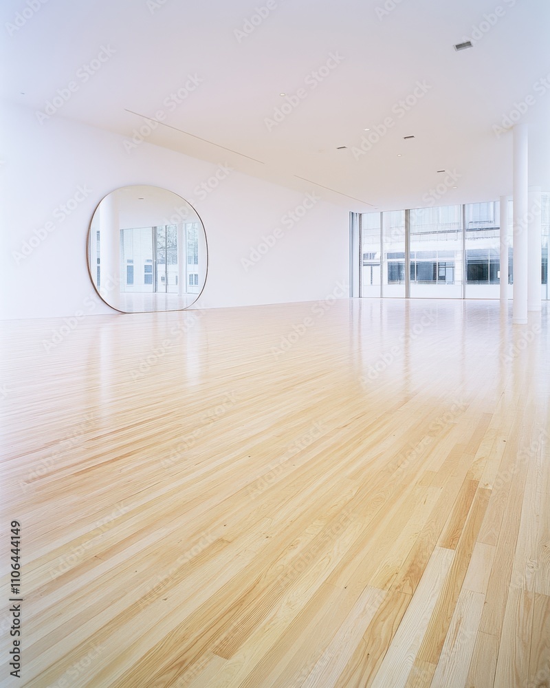 Poster spacious room with inviting mirror and serene empty white walls for creative exploration