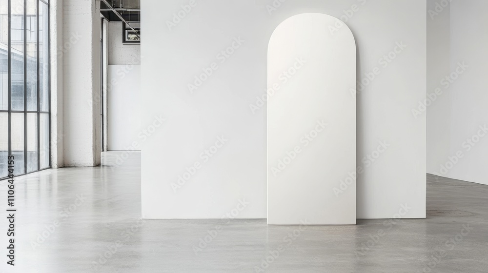 Poster Empty Room With a High Rounded Mirror Reflecting Minimalist Design and Simplicity