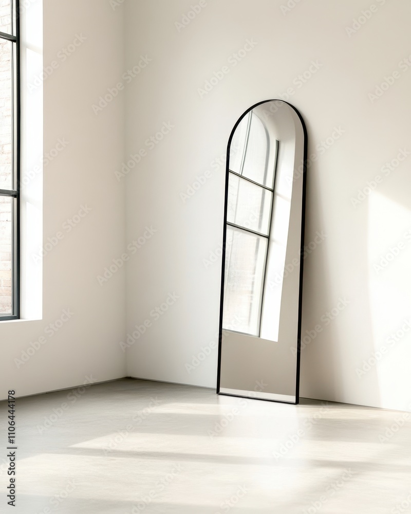 Poster elegant simplicity in a serene room with a stylish arch-topped mirror