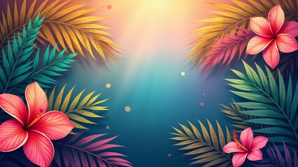 Fototapeta premium Colorful tropical foliage with hibiscus flowers illuminated by golden sunlight