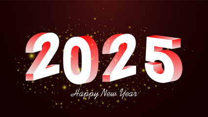 A festive New Year card featuring 2025 in white 3D numbers with a red glow on a dark red background Golden sparkles add charm with Happy New Year in a stylish font below