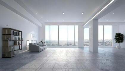 Obraz premium Modern White Loft with Wide-Angle View 3D Interior Rendering