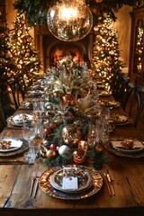 Bohemian long wooden table set for New Year celebration, mixed metallic accessories, dried flower arrangements, eclectic party props, warm ambient light