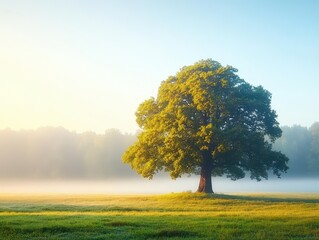 Fototapeta premium Ancient oak tree in a foggy meadow, golden light piercing through the mist, ethereal mood, soft pastels
