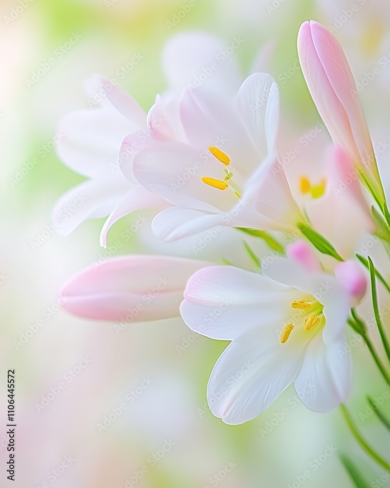 Poster delicate spring blossoms gently swaying in soft pastel hues against a light bokeh background