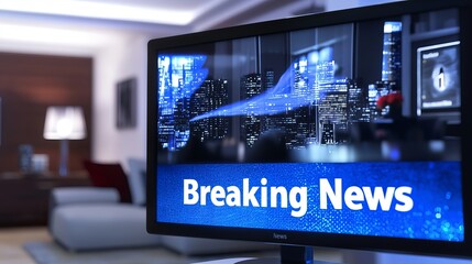 A modern television displaying breaking news, with a city skyline illuminated in the background.