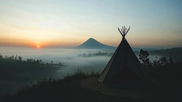 Beautiful sunrise over a mountain with a teepee in the foreground, showcasing tranquility and nature's beauty at dawn