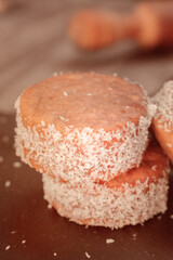Three Stacked Alfajores on wooden table