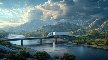 Fototapeta premium Scenic Truck Drive: Majestic Mountains and Serene River