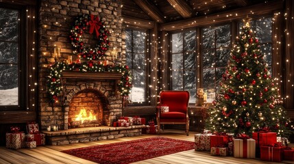Obraz premium A cozy room glows with warmth, featuring a crackling fireplace, a beautifully adorned Christmas tree, and colorful presents waiting to be unwrapped.