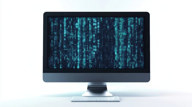 Desktop computer with binary code displayed on the screen against a white background.