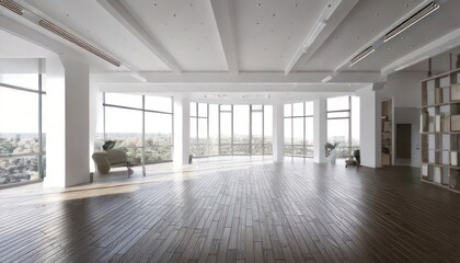 Modern White Loft with Wide-Angle View 3D Interior Rendering