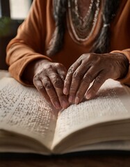 Naklejka premium A close-up of hands gently reading a Braille book. The textured dots on the page are clearly visible, symbolizing the power of tactile literacy and the importance of accessible education. The atmosphe