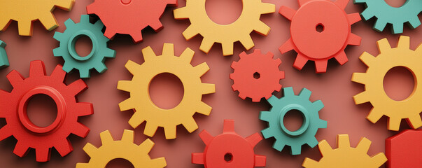 Colorful interlocking gears in red, yellow, and green arranged on a flat surface, symbolizing mechanics and teamwork.