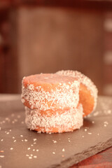 Three Stacked Alfajores on wooden table