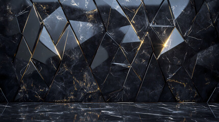 Shimmering obsidian wall with 3d triangular tiles light dancing across polished surface geometric patterns creating depth illusion. Obsidian. Illustration