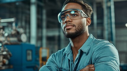 Fototapeta premium Confident young male engineer wearing safety goggles in an industrial setting