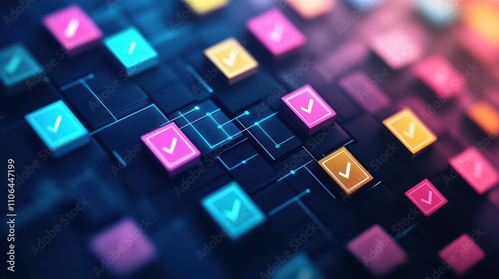 Poster Digital network of interconnected checkmarks representing collaborative success, vibrant colors, 3D data visualization