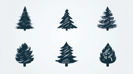 Obraz premium Collection of stylized evergreen tree silhouettes in muted tones, featuring a mix of sharp and soft textures for a modern and versatile winter decor theme