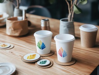 Elegant coffee shop mockup, showing watercolor logos on takeaway cups and coasters amidst a cozy cafe scene