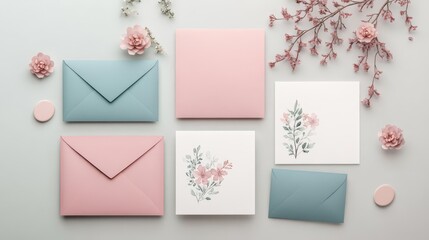 Elegant wedding invitation mockup in watercolor with floral motifs, paired with matching envelopes and seals