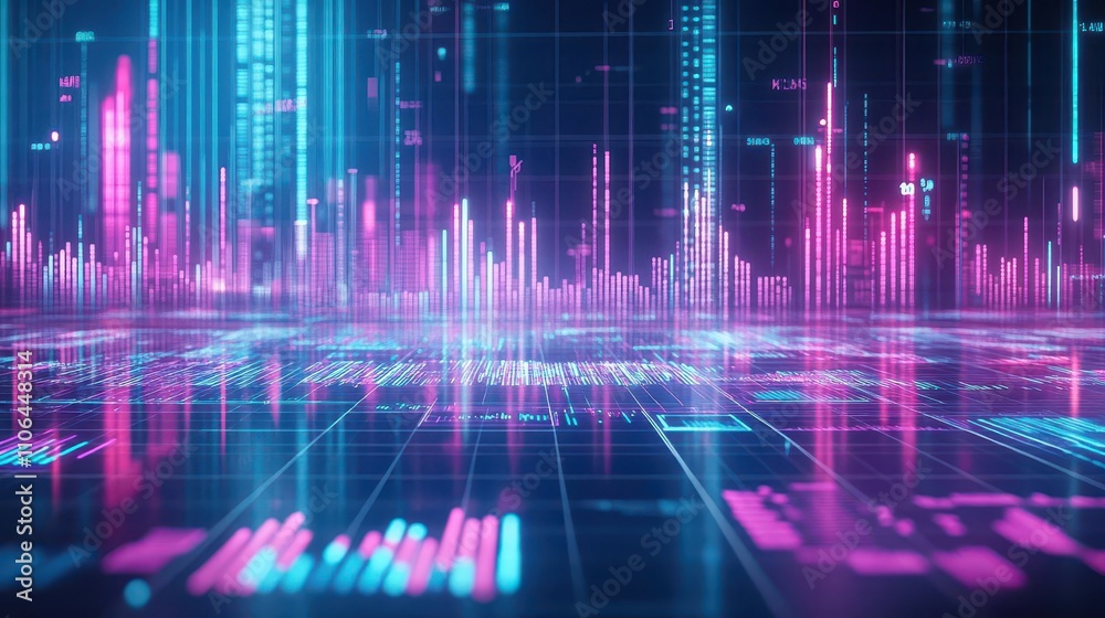 Poster endless reflective floor with holographic charts and data flowing upwards, flat angle, glossy neon s